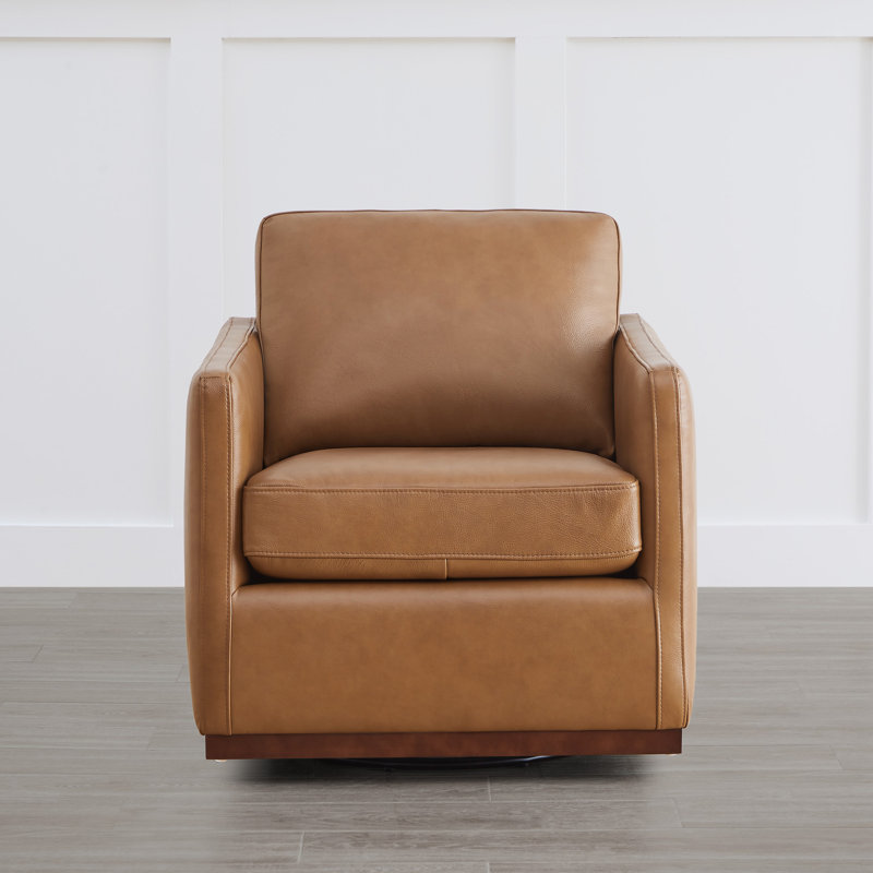 Assiatou Wide Swivel Arm Chair, Saddle Brown Pebbled Genuine Leather