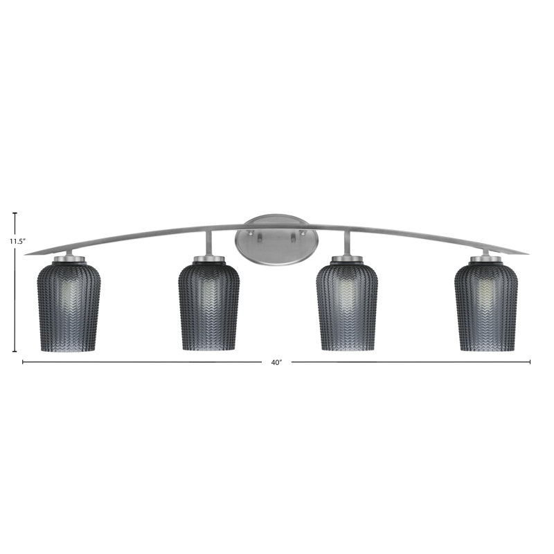 Barre d'éclairage de salle de bain 4 lumières avec verre texturé fumé 5 po Kurve, Argent