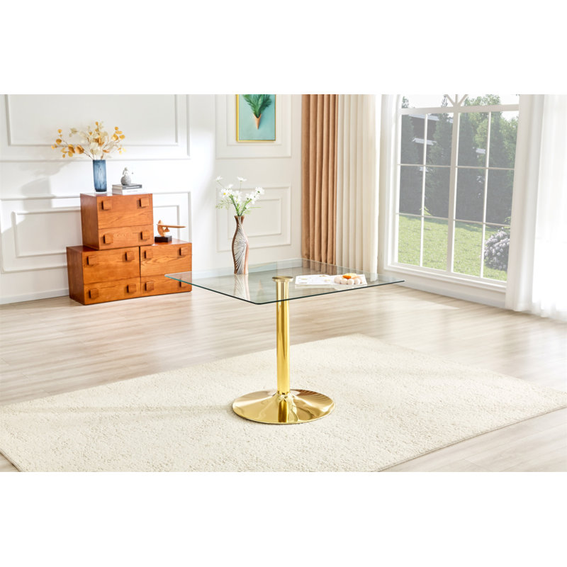 Table de salle à manger 38,5 pouces moderne minimaliste carrée en verre avec base en métal à une colonne. Disponible en noir, or ou argent. Table de salle à manger à domicile. Convient pour 2 à 4 personnes.
