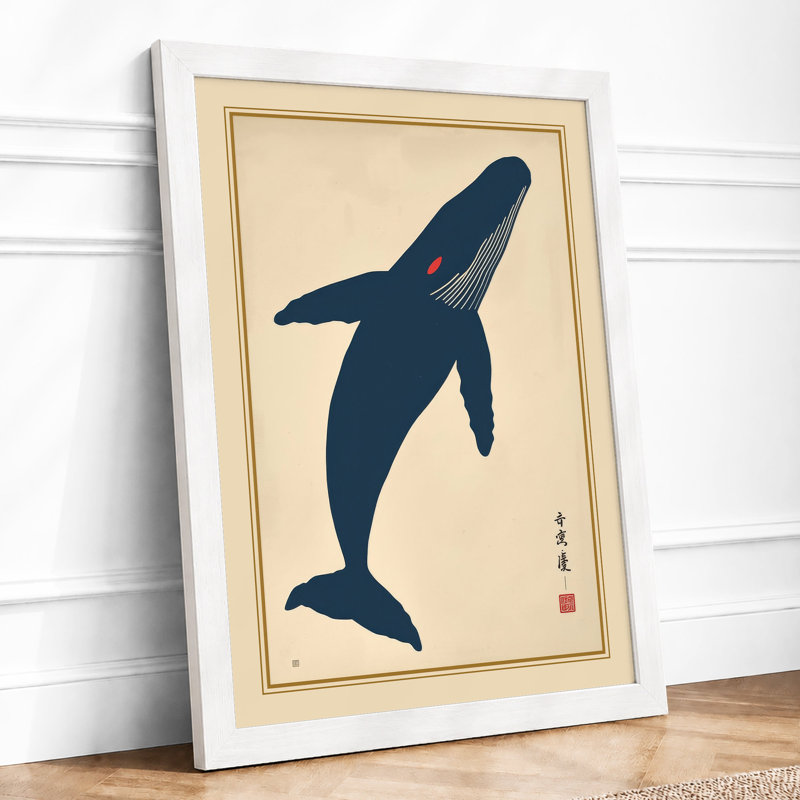 Whale in Blue Japandi - Framed Print, A3 - 42.0 x 29.7 cm, White