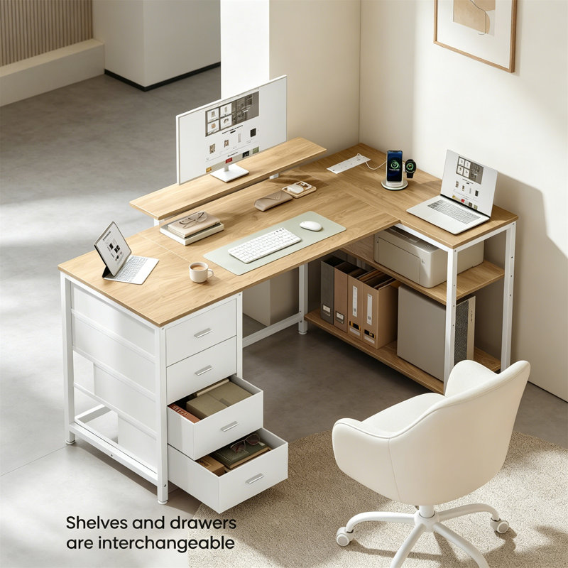 L-Shaped Metal Base Computer Desk, Natural Oak