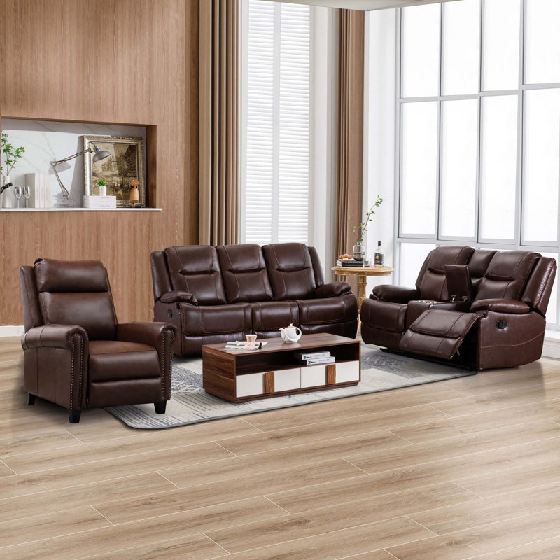 Ensemble de salon inclinable en cuir véritable 3 pièces Serlin avec fauteuil inclinable par pression, canapé inclinable manuel et causeuse avec console et porte-gobelets
