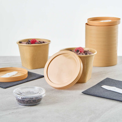 LIDS ONLY: Coppetta 3.39 x 0.51 Inch To Go Cup Lids, 50 Durable Ice Cream Cup Lids - With Plastic Spoon, For Hot & Cold Foods, Brown Plastic Disposable Cup Lids For Desserts - Restaurantware