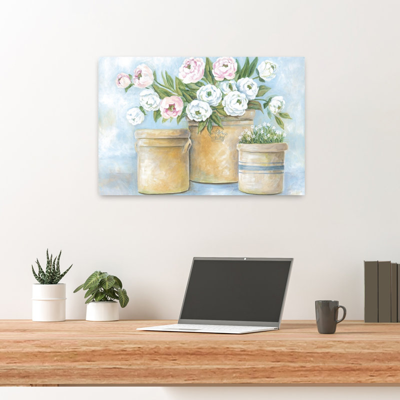 Fermes pivoines délicates, art rustique moderne, H 16 po x l 24 po
