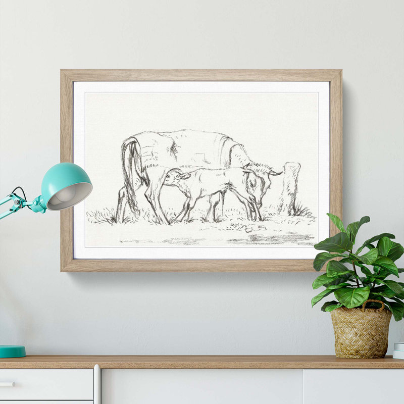 Cow with Calf by Jean Bernard - Picture Frame Painting Print, 27cm H x 36cm W x 2cm D, Oak Framed