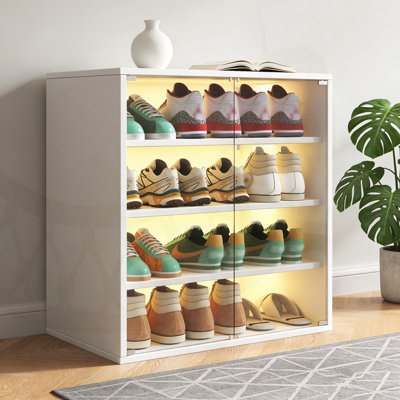 Shoe Box with RGB LED Light, Wooden Stackable Shoe Storage with Glass Door, Perfect for Display and Organization