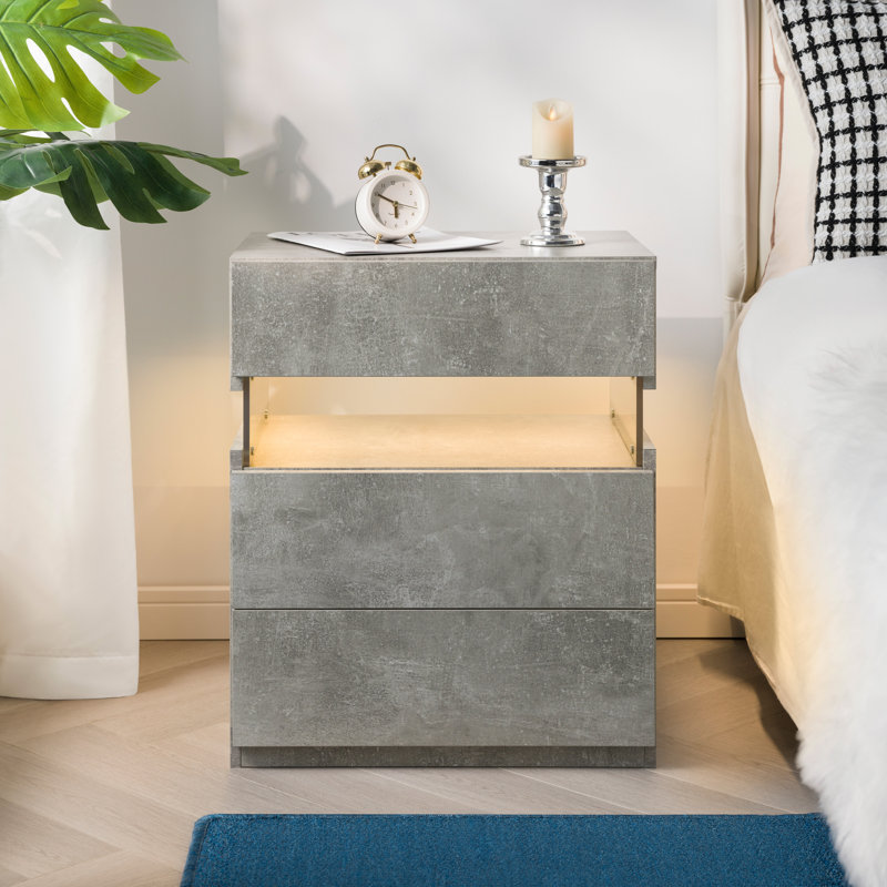 Modern LED Nightstand With 3 Drawers - Bedside Table With Soft Glow Lighting, Gray