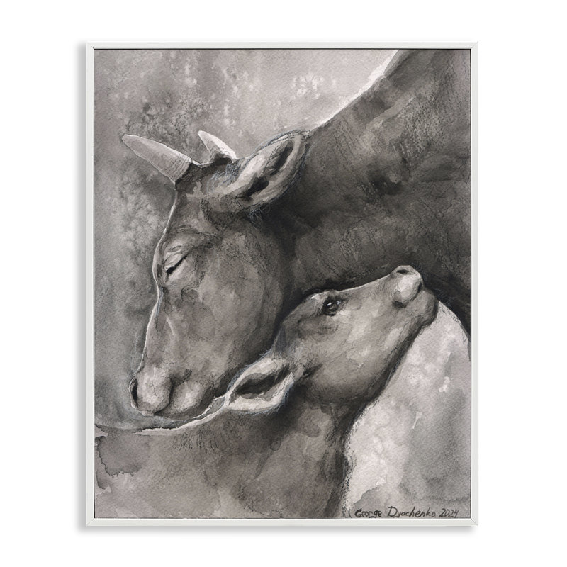 Vache mère et veau, art giclée par George Dyachenko bk-092, Giclée encadrée blanc bord de mer, H 20 po x l 16 po