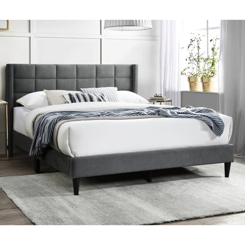 Très grand lit tendance avec tête de lit en lin brossé gris et plateforme tapissier, Gray