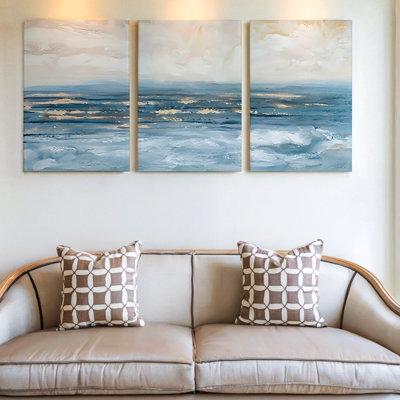 3 Pieces Abstract Ocean Large Wall Art in Blue and Beige Tones, Three Pieces Wall Art for Living Room, Bedroom, Office, and Home Decor, Ready to Hang