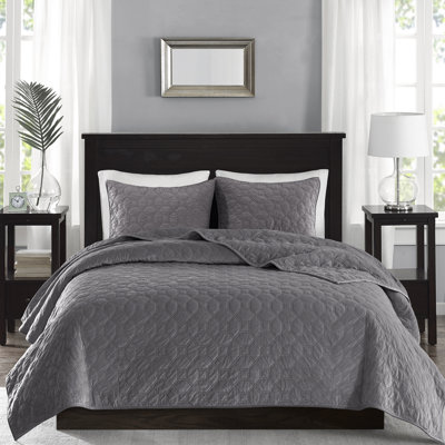 Courtepointe grise 3 pièces en velours double / grand - Conception géométrique douce et élégante pour une charmante chambre à coucher, 1 courtepointe, 2 taies décoratives, rembourrage en coton confortable, lavable à la machine avec de la literie pour la maison