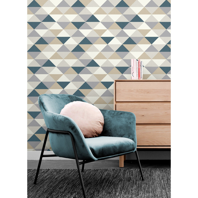 Papier peint à motif de triangles multicolores Seabrook Designs Kizzie, Bleu marine / grège