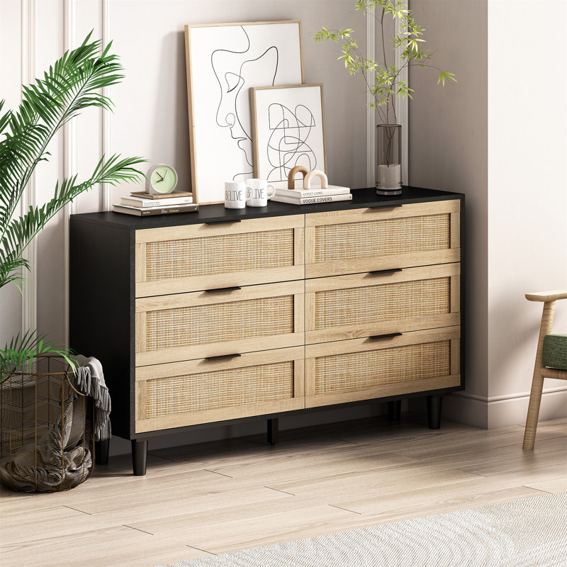 6-Drawers Rattan Storage Cabinet Rattan Drawer, Black, 29.53" H x 51.18" W x 15.75" D