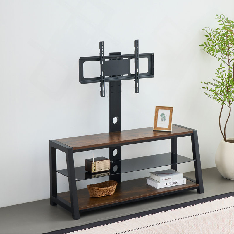 Wooden Storage TV Stand Tempered Glass Height Adjustable Universal Swivel Entertainment Center With Mount TV Stand