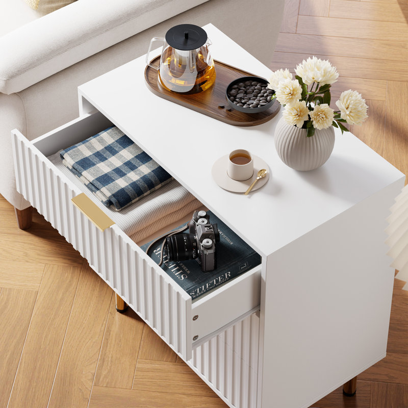 Dresser For Bedroom, Fluted 3 Drawer Wood Dresser With Golden Handles, White