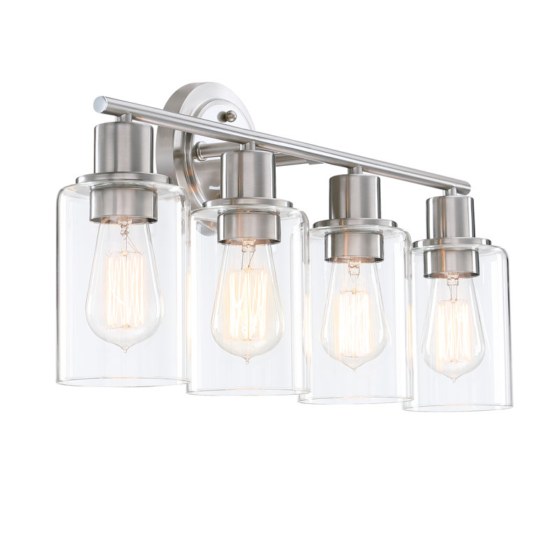 Luminaire de salle de bain 4 lumières avec abat-jour en verre transparent, Nickel brossé