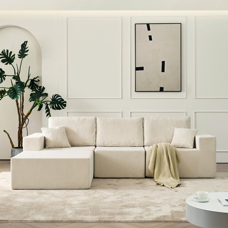 Canapé en L 3 places en velours côtelé beige avec 2 coussins, sans assemblage, idéal pour se détendre à la maison