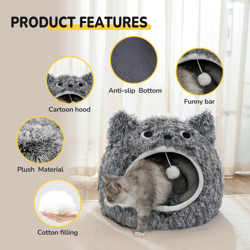 Gray Plush Cat Cave Bed with Soft Cushion