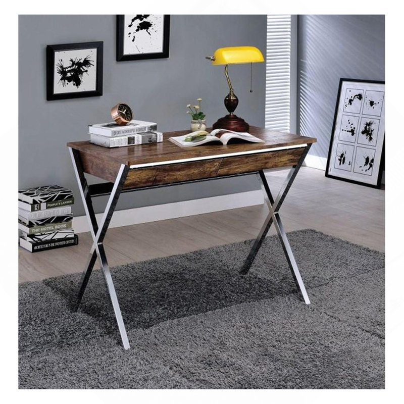 Bureau d'écriture rectangulaire avec 2 tiroirs, chêne vieilli et chrome