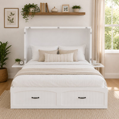Cothran White Murphy Bed Cabinet With Storage Drawers, Foldable Bed For Small Spaces