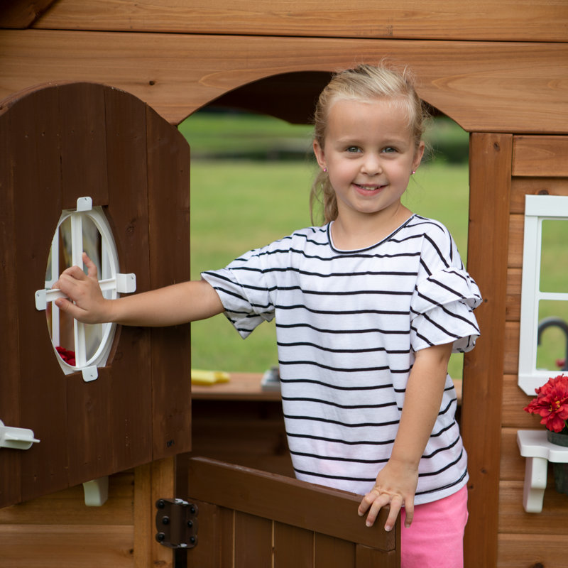 Aspen Cedar Wooden Playhouse with White Trim and Accessories