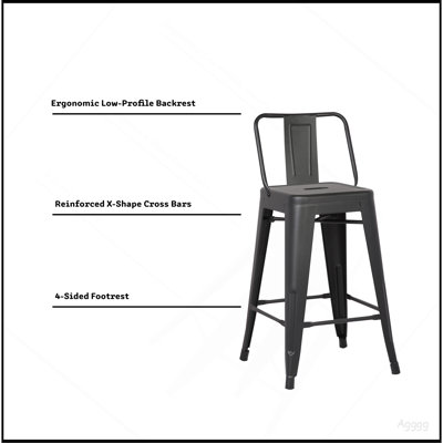 Tabouret de bar 24 po en métal de style rustique rustique avec dossier, tabouret de bar de cuisine, construction légère et robuste, ensemble de 4 - noir mat