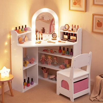 Corner Kids Vanity with Lights, 3 Storage Shelves, 5 Open Compartments, Accessories White