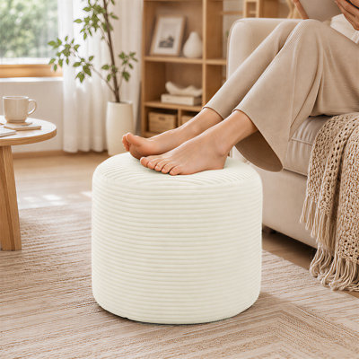 Round Stuffed Pouf Ottoman, Corduroy Poufs with Foam Chunk Filling, Furry and Fluffy Pouf Foot Stool Storage Ottoman, 20 x 20 x 15Inch Floor Poufs Foot Rest for Living Room, White