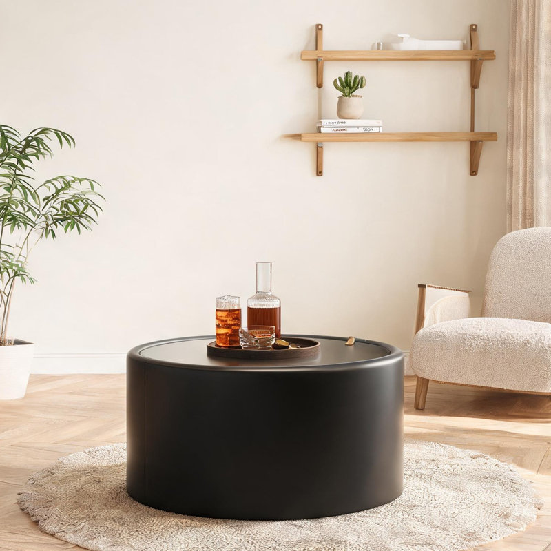 Table basse ronde en verre trempé noir foncé, décor moderne avec rangement dissimulé pour le salon