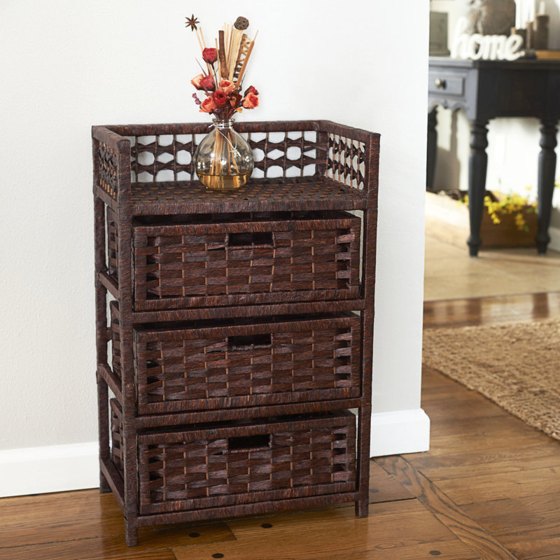 Woven 3‑Drawer Chest with Cutout Handles and Paper Rope Stained Brown, Brown