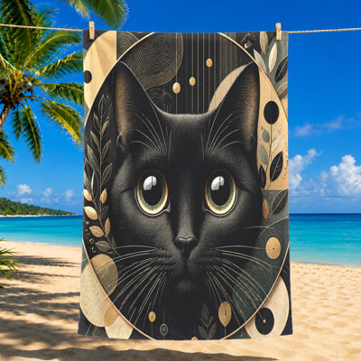 1Pcs Black Cat Towel, featuring a close-up of with large green eyes surrounded by circular design gold accents and botanical elements, in whimsical art style. Microfiber, suitable for beach, swimming, travel, unisex.