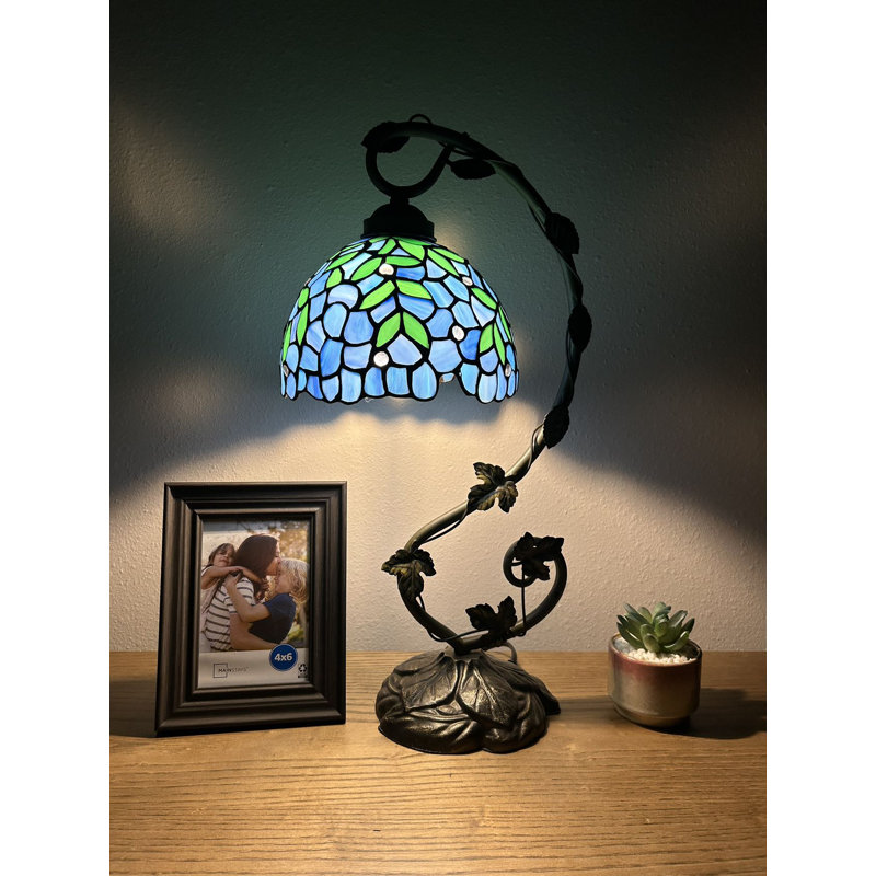 Grayden Tiffany Table Lamp Stained Glass Green Leaves Iron Metal Leaves 11"W*8"D*21"H, Blue