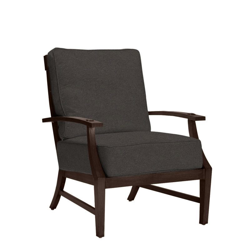 Croquet Patio Chair with Cushions, No Welt + Standard Fill, Cabana Stripe Midnight, Mahogany