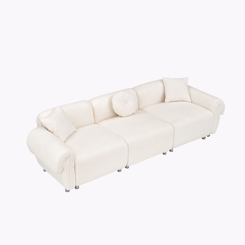 Ivy Bronx 112" Modern Curved Sofa, Back Upholstered Couch with 3 Decorative Throw Pillows, Beige Teddy 1