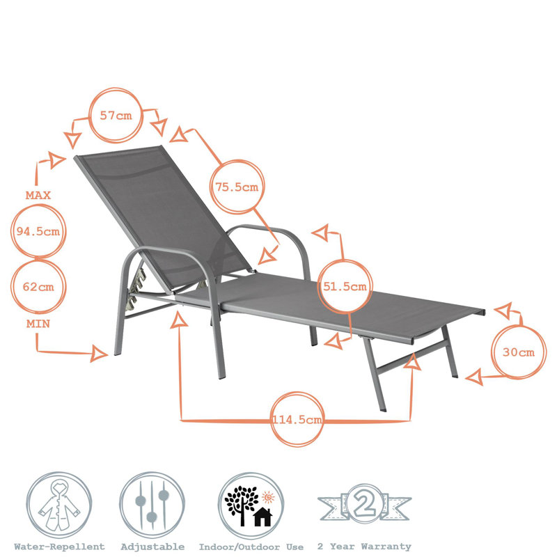 Sussex Sun Loungers and Table Set - 2 Garden Adjustable Loungers with 1 Side Table - Modern Design, Grey