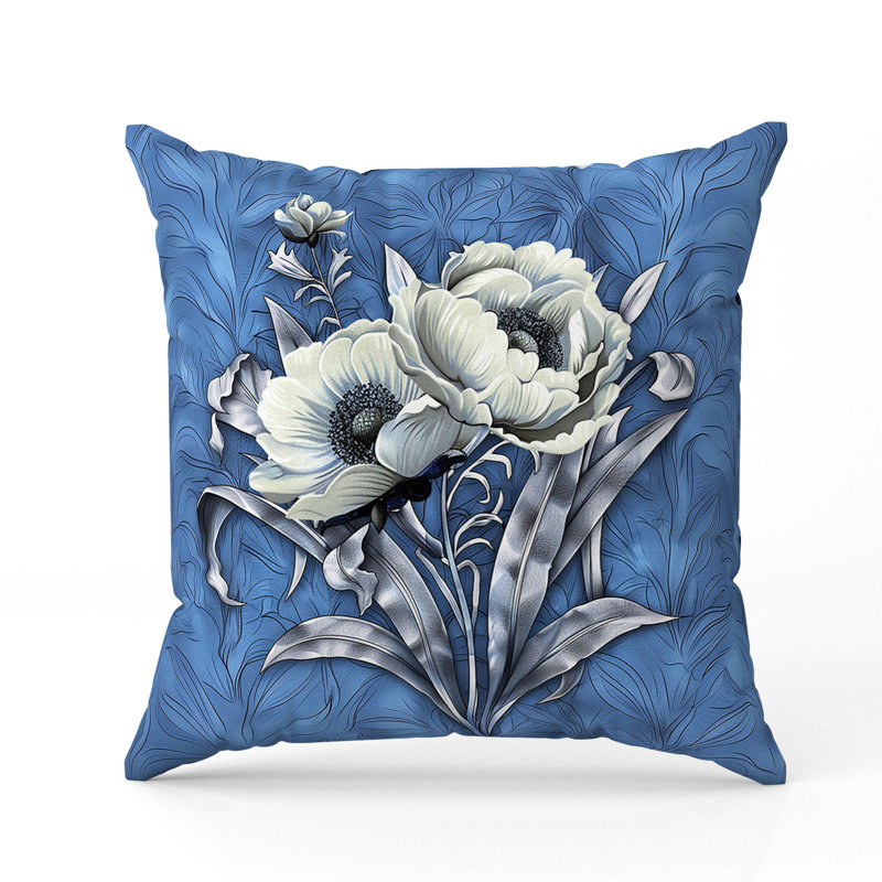 Coussin Peony, 20"H x 20"W, Bleu / Crème