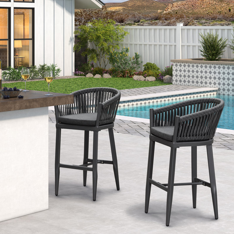 Ensemble de 2 tabourets de bar George Oliver en osier avec coussin haute densité pour patio, Gris, Gris