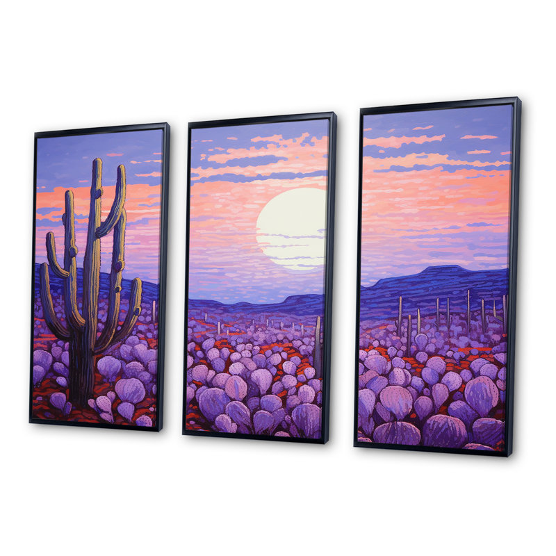 Cactus Lavender Landscape - Floral Cactus Canvas Wall Art Set, Black Floater Framed, 32" H x 48" W x 1" D