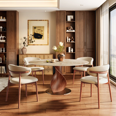 5-Piece Round Dining Set With Sculptural Twisted Walnut Tone Base