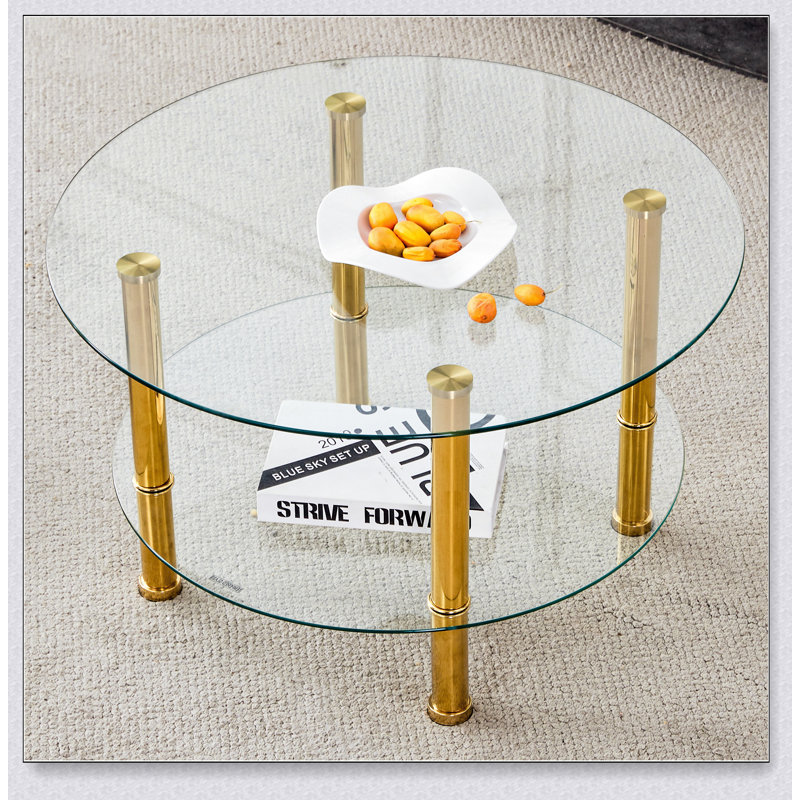 Table basse contemporaine en verre trempé à double couche avec plateau renforcé et pieds plaqués en acier inoxydable contemporain, parfait pour les intérieurs modernes