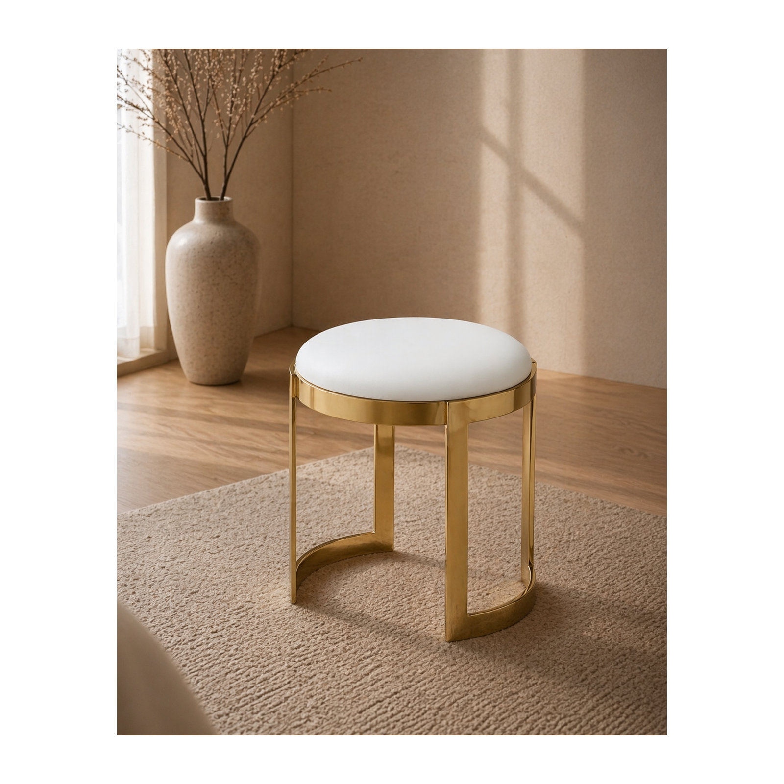 Nouri Accent Stool, Gold, White Faux Leather