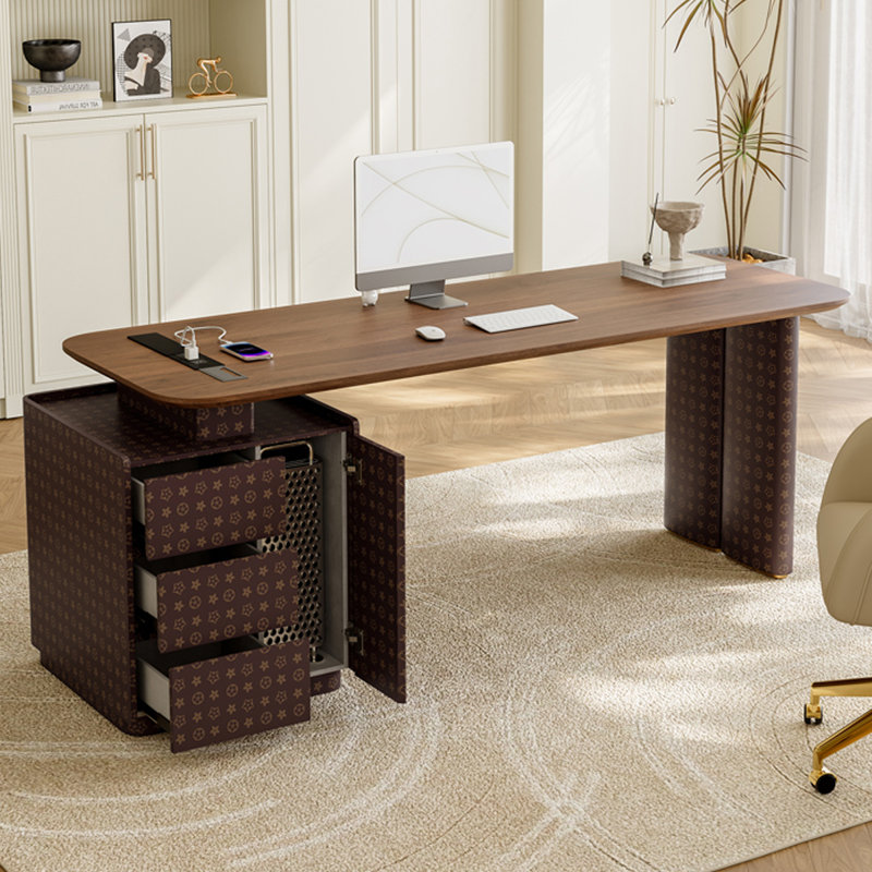 Bureau rectangulaire à 3 tiroirs en bois manufacturé brun noisette + brun, Retour à gauche