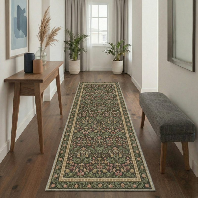 Floral Foliage Vintage Machine Washable Sage Indoor Area Rug With Non-Slip Backing, Runner 2'6" x 8'