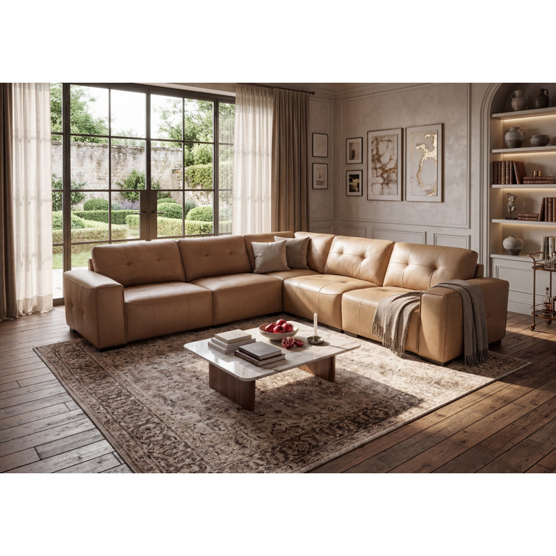 Upholstered Leather 5-piece L-sectional, Khaki-Brown Faux Leather