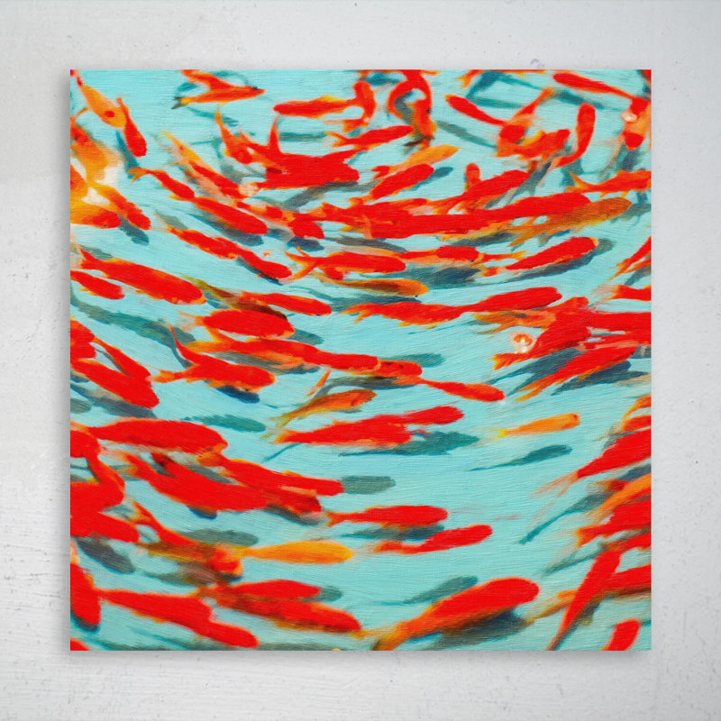 School of Orange Fish - peinture sur toile tendue, H 16 po x l 16 po