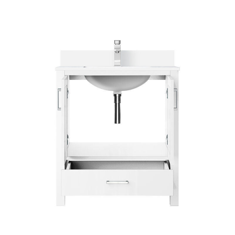 30 po Large meuble-lavabo blanc avec robinet, fermeture en douceur du tiroir et de l'armoire, Blanc