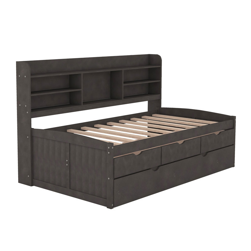Wooden Captain Bed with Built-in Bookshelves,Three Storage Drawers and Trundle,Antique, Twin, Brown