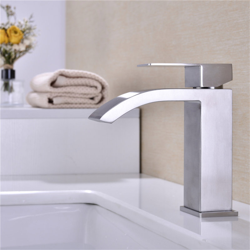 Robinet de lavabo de salle de bain à poignée simple à cascade simple avec très grand bec rectangulaire, Nickel brossé