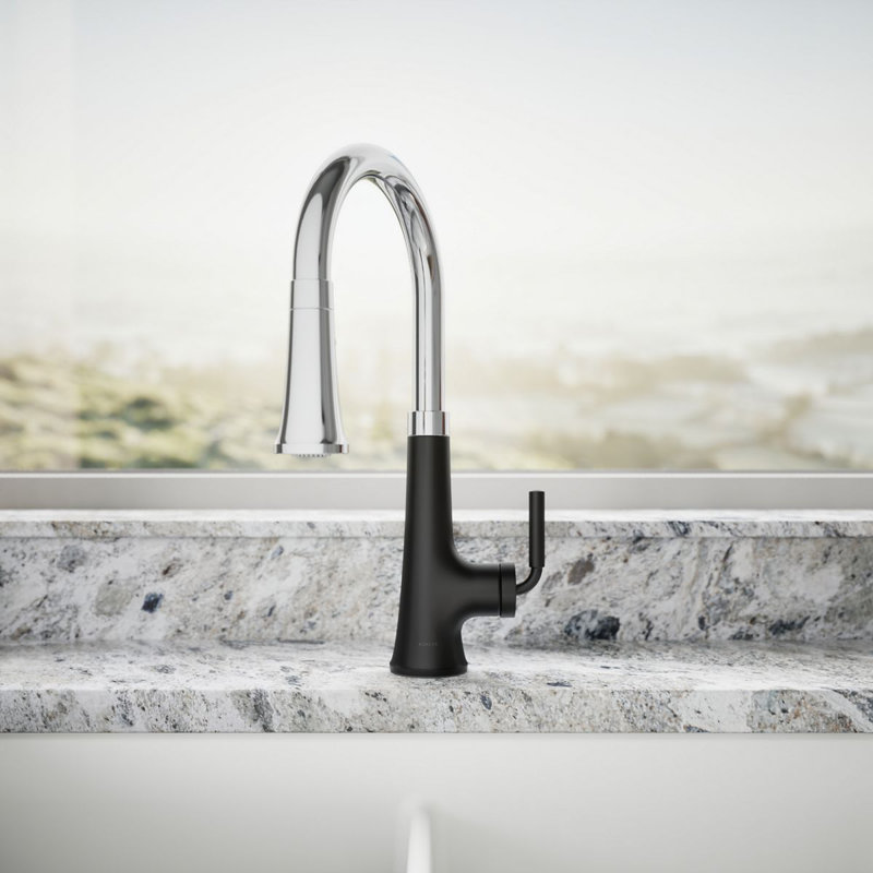 Robinet d'évier de cuisine à poignée simple avec douchette extractible Tone, Chrome poli / noir mat