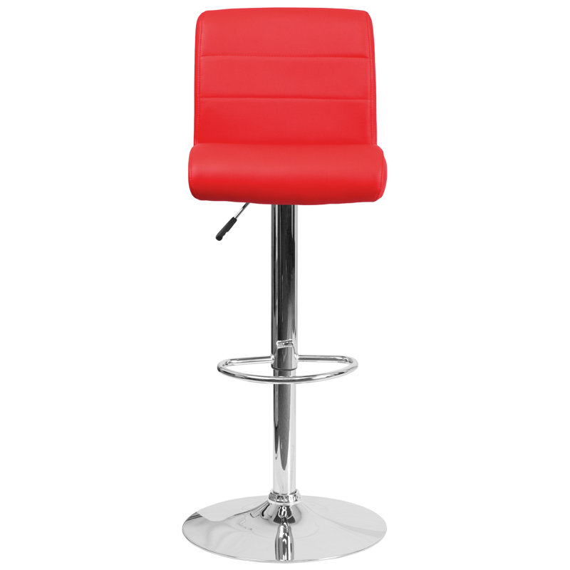 Contemporary Vinyl Adjustable Height Barstool with Rolled Seat and Chrome Base, Red